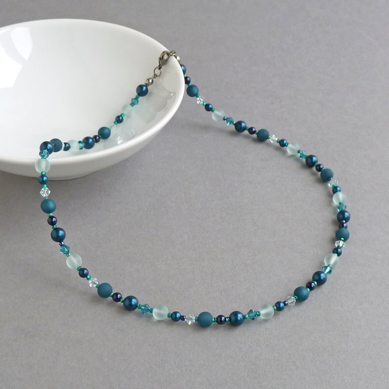 Teal Pearl and Crystal Necklace - Petrol Blue Single Strand Beaded Necklaces 