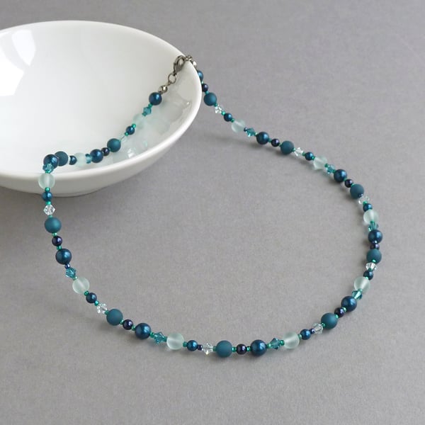 Teal Pearl and Crystal Necklace - Petrol Blue Single Strand Beaded Necklaces 