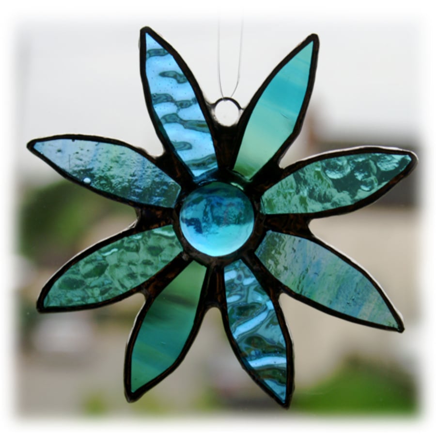 Reserved for Fiona - Daisy Stained Glass Suncatcher Turquoise Handmade 031