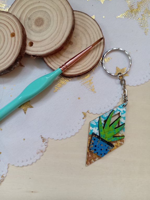 Wooden diamond shaped succulent plant keyring 
