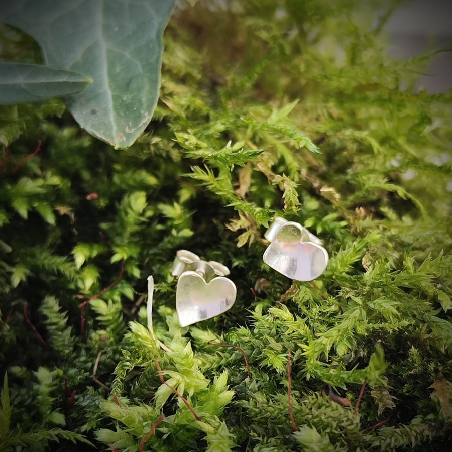 Brushed sterling heart stud earrings