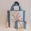 Hand bag mini tote bag and purse vintage embroidery blue up cycled