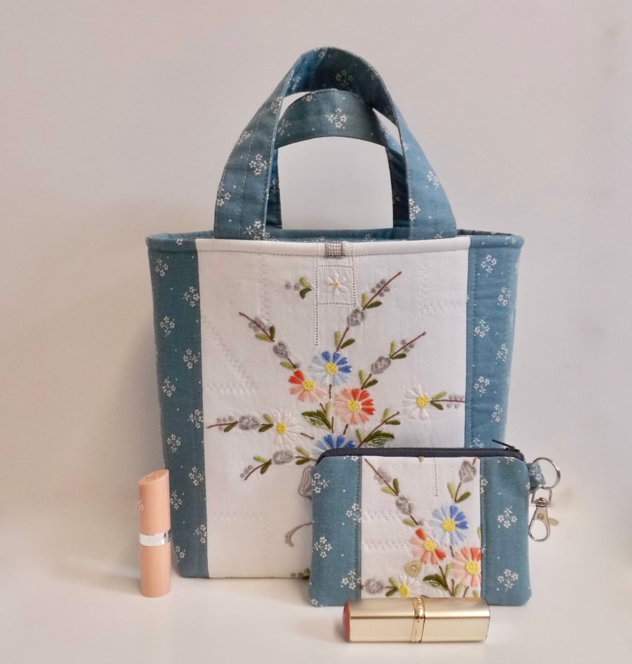 Hand bag mini tote bag and purse vintage embroidery blue up cycled