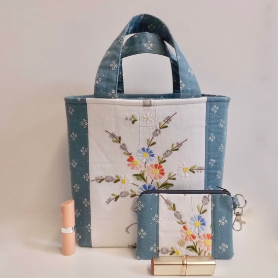 Hand bag mini tote bag and purse vintage embroidery blue up cycled