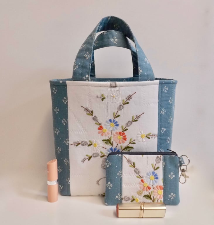 Hand bag mini tote bag and purse vintage embroidery blue up cycled