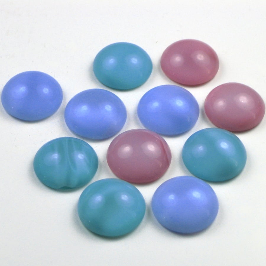 Eleven Acrylic Cabochons, 18mm, Pink, Blue and Green, Moonstone Effect