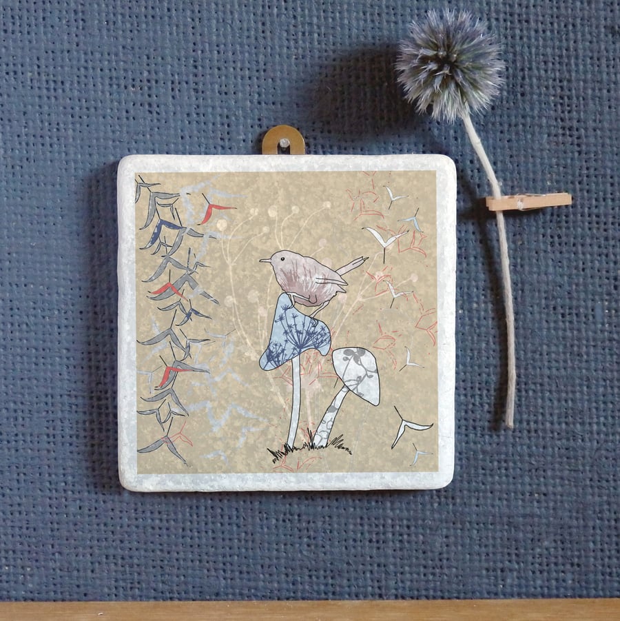 Wren and Toadstools Marble Wall Art