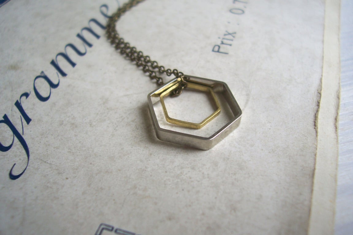 Double Hexagon charm necklace - geometric mixed metals on brass - modern