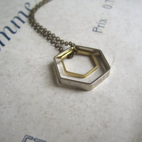 Double Hexagon charm necklace - geometric mixed metals on brass - modern