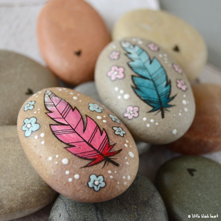 painted pebbles - feather pair