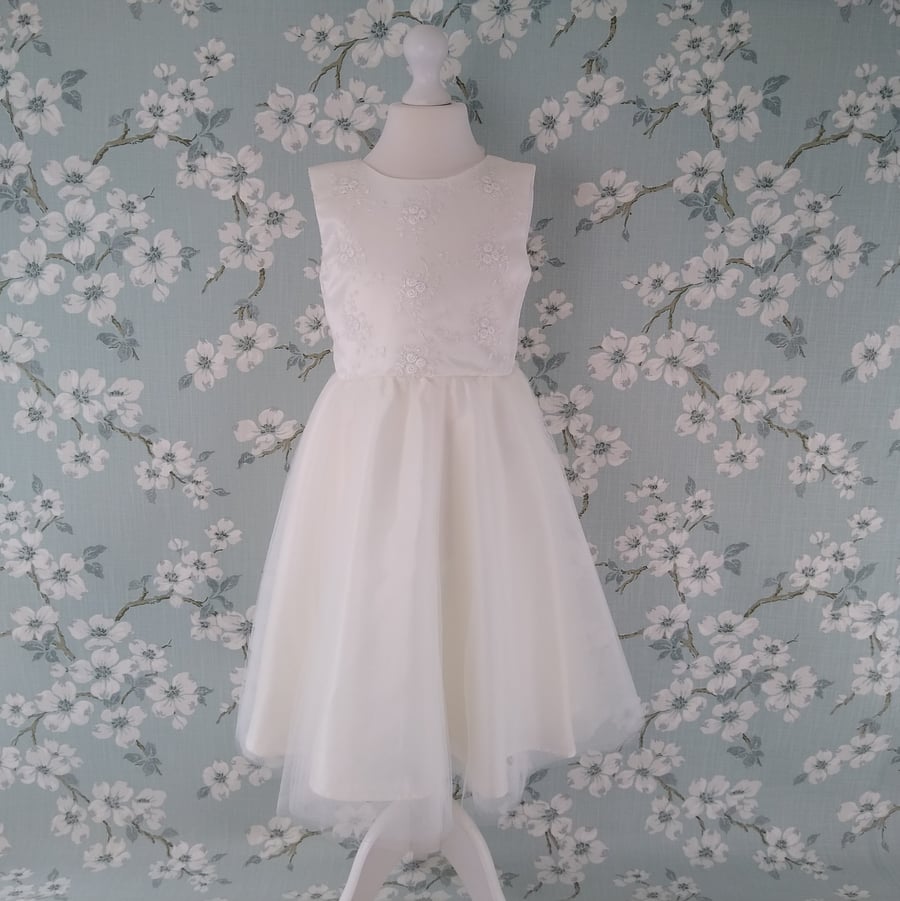 Classic Adora Flower Girl Party Dress with Embroidered Lace, Satin and Tulle