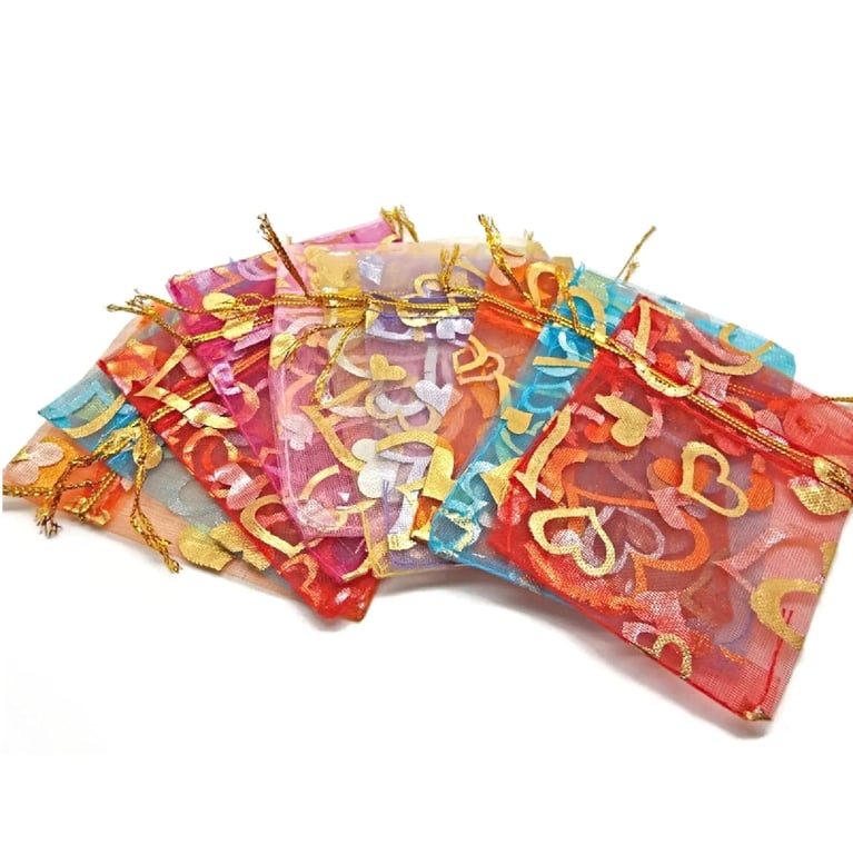 20 Organza Gift, Favor Bags in Mixed Colors with Gold Heart Design & Drawstring