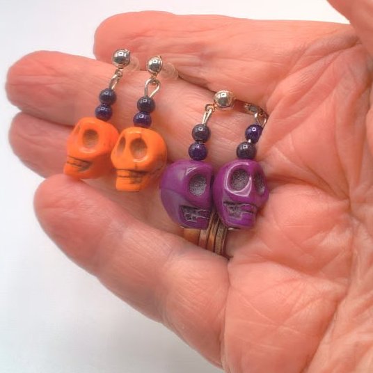 Howlite Skull And Purple and Black Miracle Bead Stud Earrings, Halloween