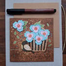 Handmade blank card, keepsake Pastel purple flowers and songbird