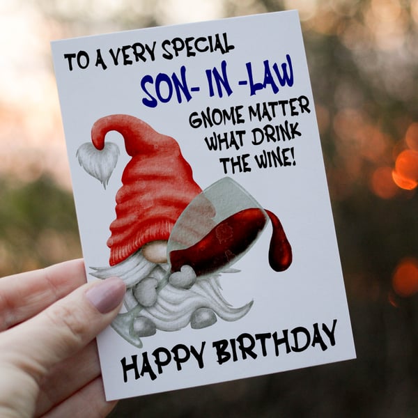 Special Son In Law Drink The Wine Gnome Birthday Card, Gonk Birthday Card