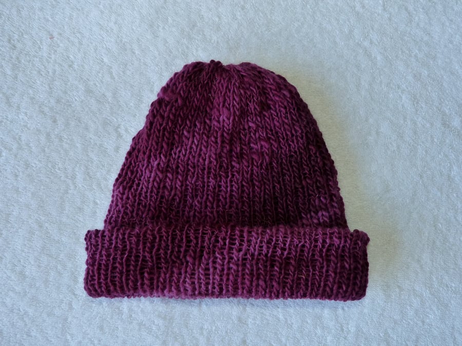 Beanie Style Hat in Handspun Falkland Yarn. Hand Dyed Purple Colour