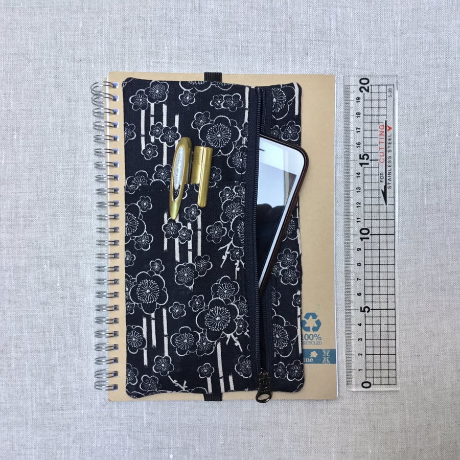 Pencil Case Elastic for Diary Flowers Indigo Japanese Fabric SECONDS SUNDAY