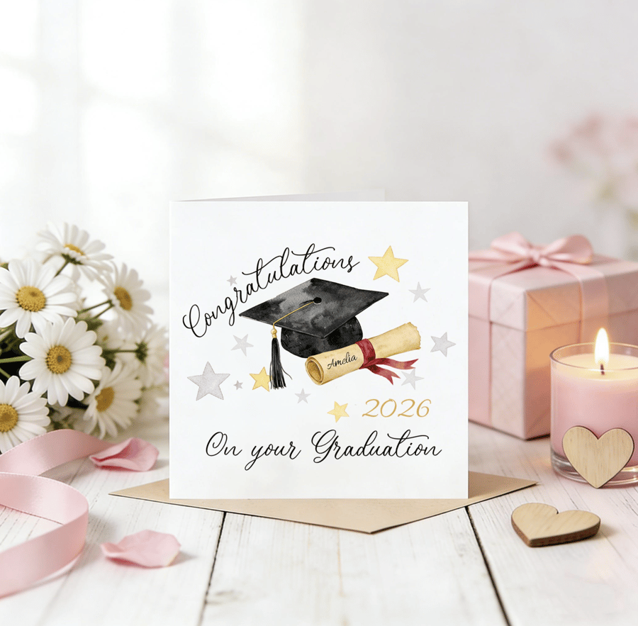 Personalised Graduation Card 2026 – Custom Name, Cap & Diploma Design