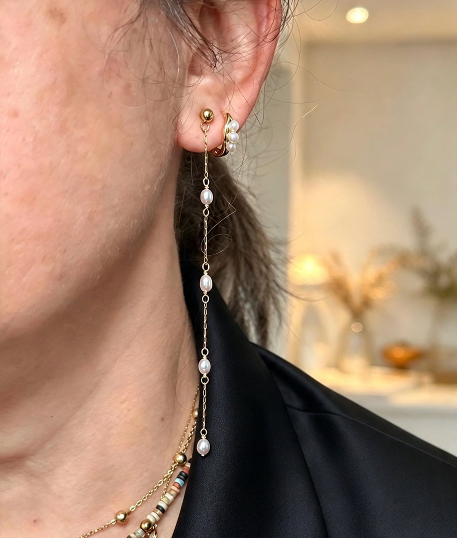 Moonlit Grey Pearl Long Drop Earrings – Stainless Steel & Freshwater Pearls