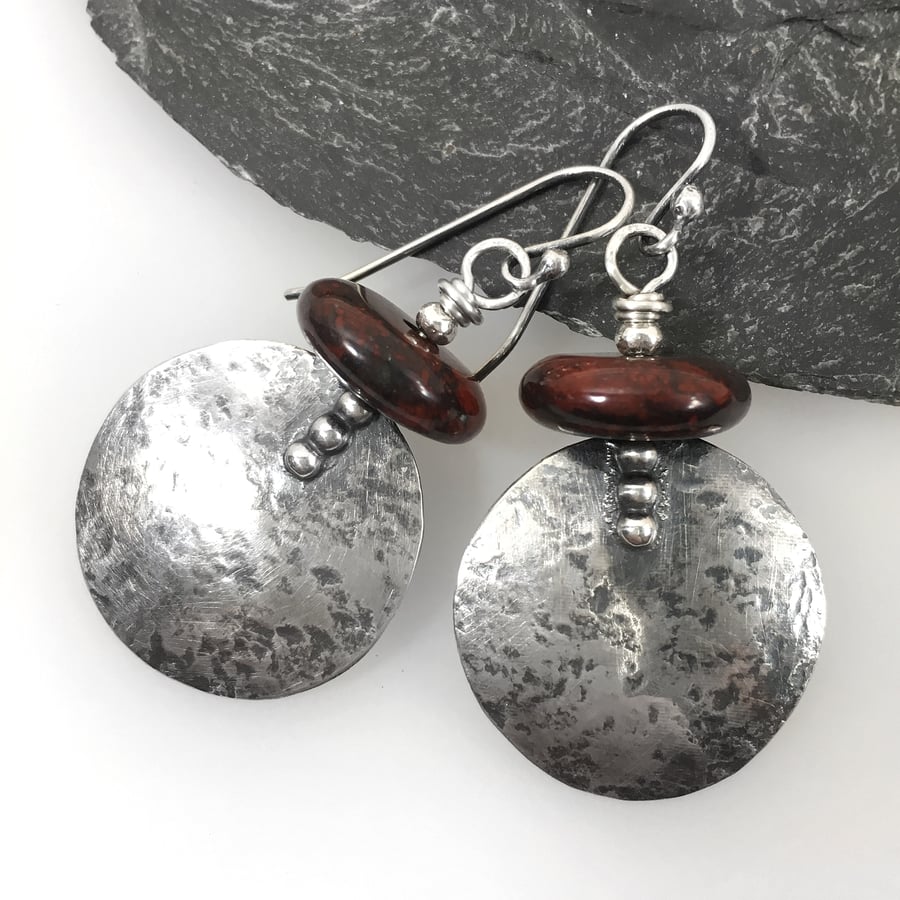 Large round silver and red flame jasper earrings