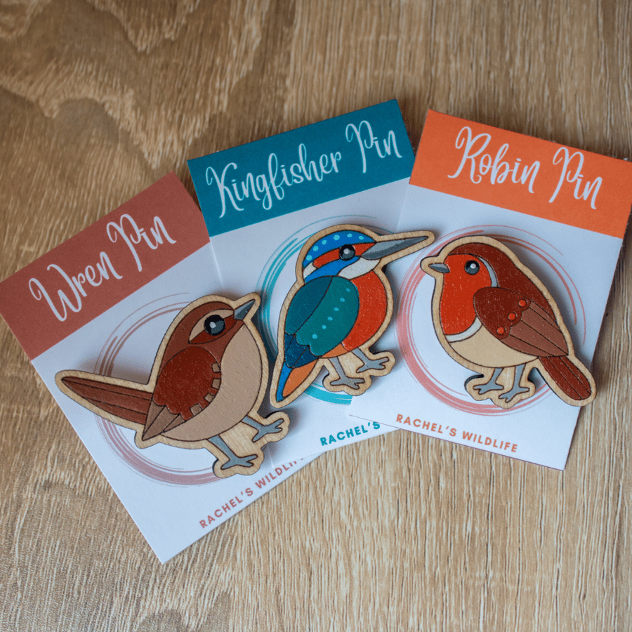 Feathered Friends Wooden Pin Set – Wren, Kingfisher & Robin (Set of 3)