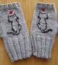 Hand Knitted Silver Grey Gloves Embroidered With A Black Cat (J178)