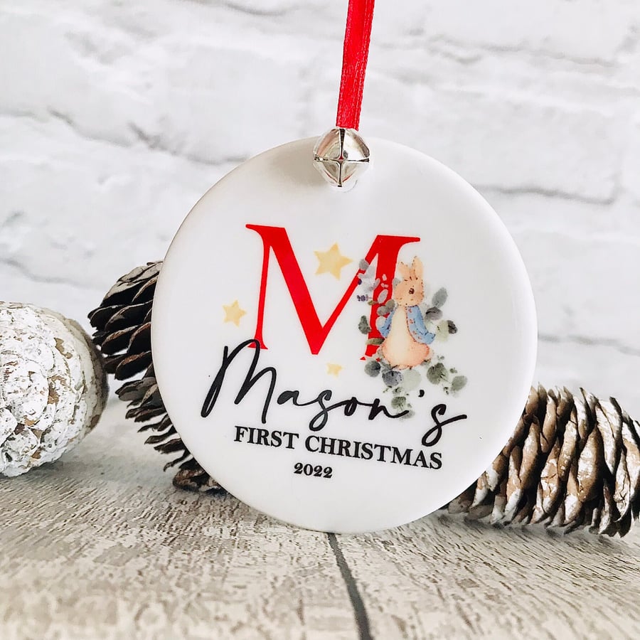 Personalised 1st christmas initial bauble, first christmas bauble, Peter rabbit