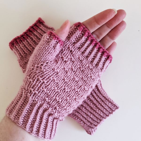Fingerless Gloves Mitts - Wrist Warmers - Rose Pink & Fuschia Pink