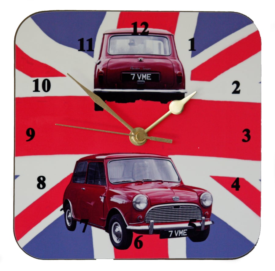 Wall Clock - Classic Austin 7 Mini on a Union Flag - for all classic car lovers