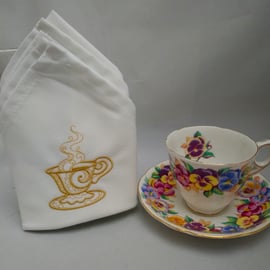  Napkins Embroidered Set of 4 with Cup and Saucer Design