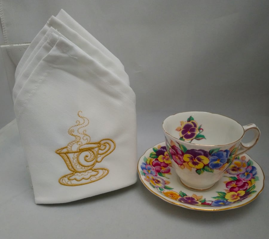  Napkins Embroidered Set of 4 with Cup and Saucer Design