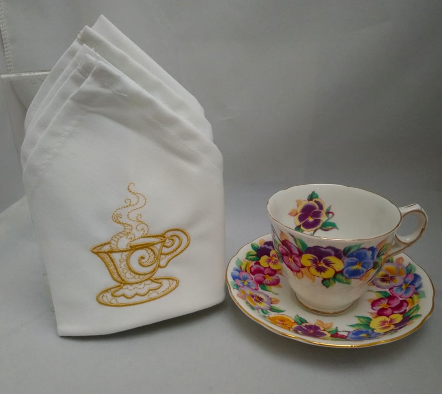  Napkins Embroidered Set of 4 with Cup and Saucer Design