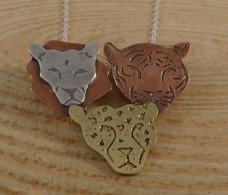 Sterling Silver, Copper and Brass Three Cat Heads Necklace