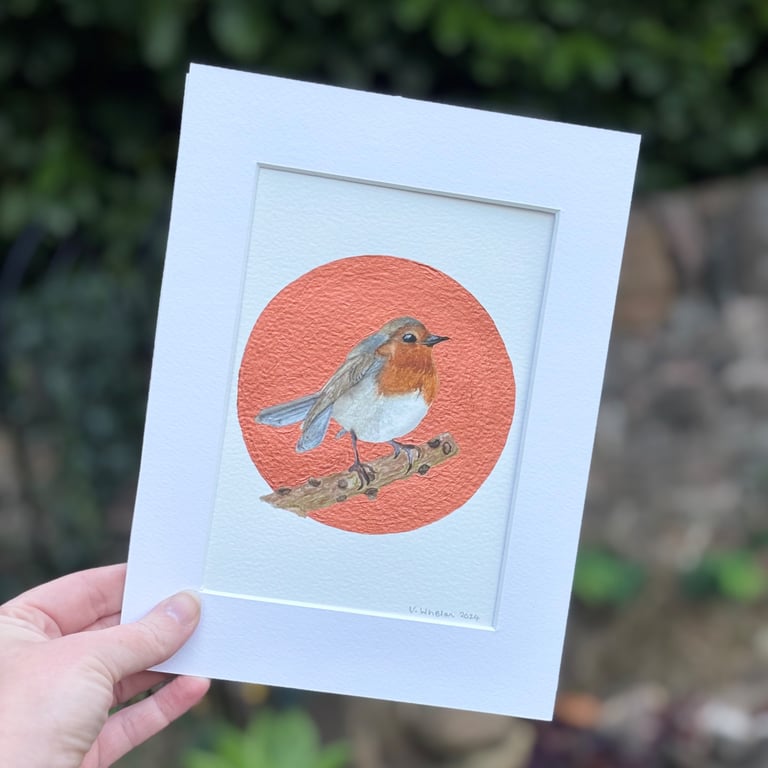 Original hand painted British bird robin watercolour artwork copper accent. 