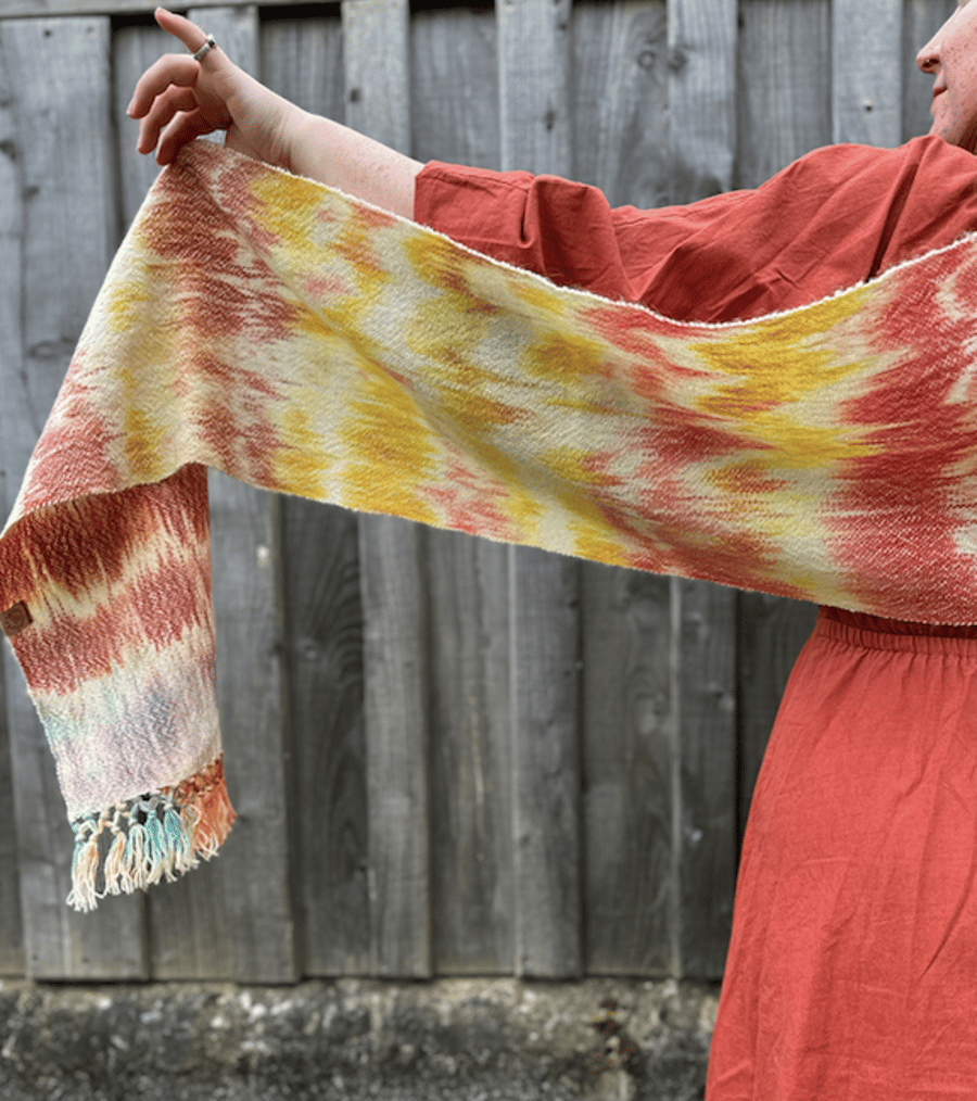 British Lambswool Scarf in Burnt Orange & Yellow Hand Painted & Woven Scarf