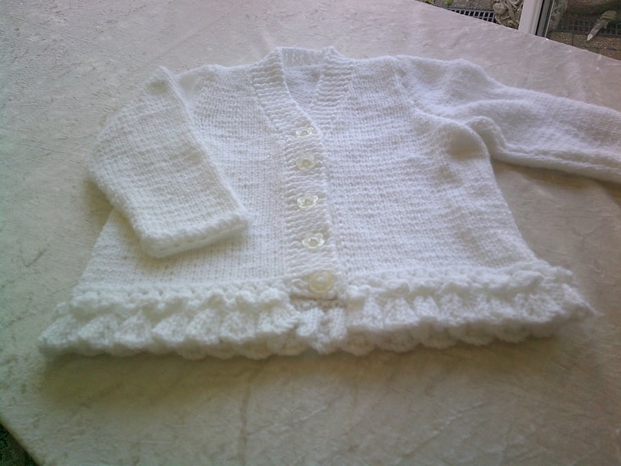 20 inch White V Neck Cardigan with Frilled Bottom