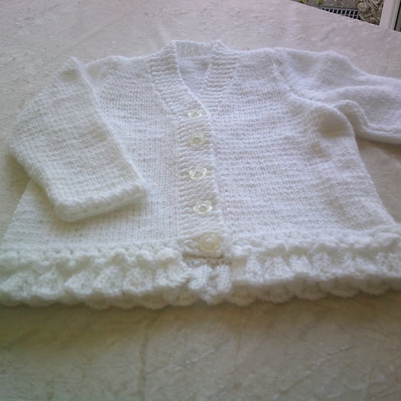 20 inch White V Neck Cardigan with Frilled Bottom