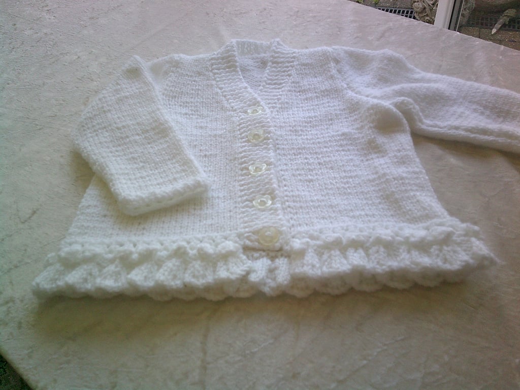 20 inch White V Neck Cardigan with Frilled Bottom