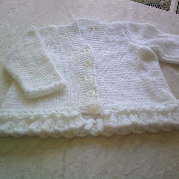 20 inch White V Neck Cardigan with Frilled Bottom