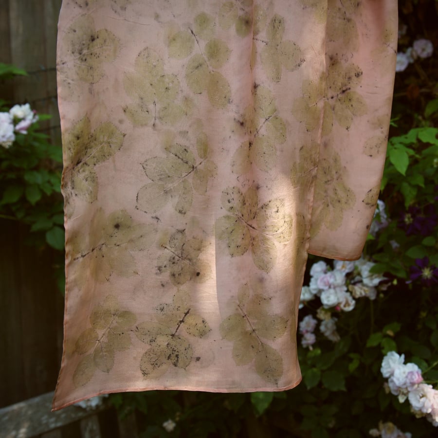Rose Leaf Ecoprint Naturally Dyed Coral Pure Silk Scarf