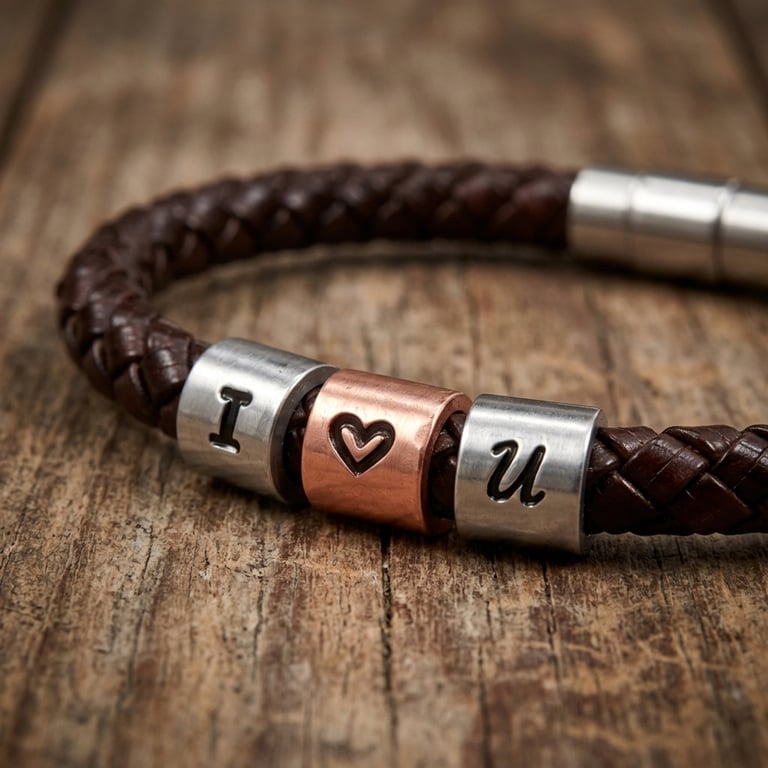 I Love You Leather Bracelet with Hand Stamped Rings - Free Delivery