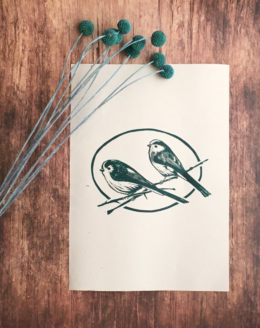 Original long tailed tit lino print