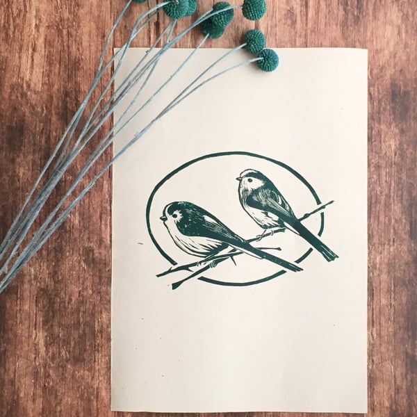 Original long tailed tit lino print