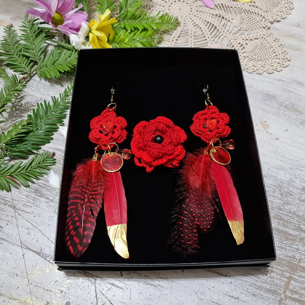Red crochet earrings and ring gift set hand crochet accessories set Boho jewelry