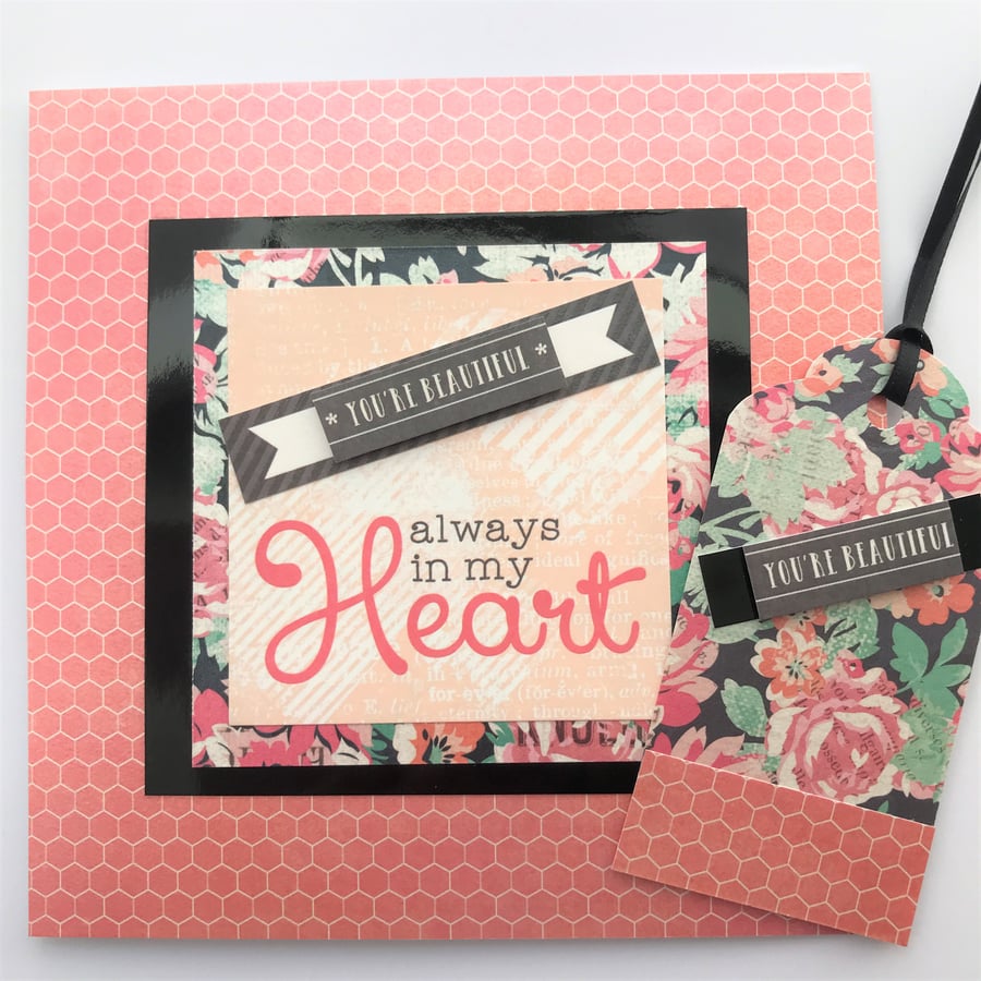 Handmade Anniversary Valentines Love peach black cards with matching gift tag 