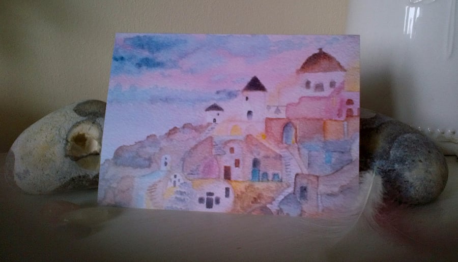 'Santorini Sunset' Watercolour Greeting Card 