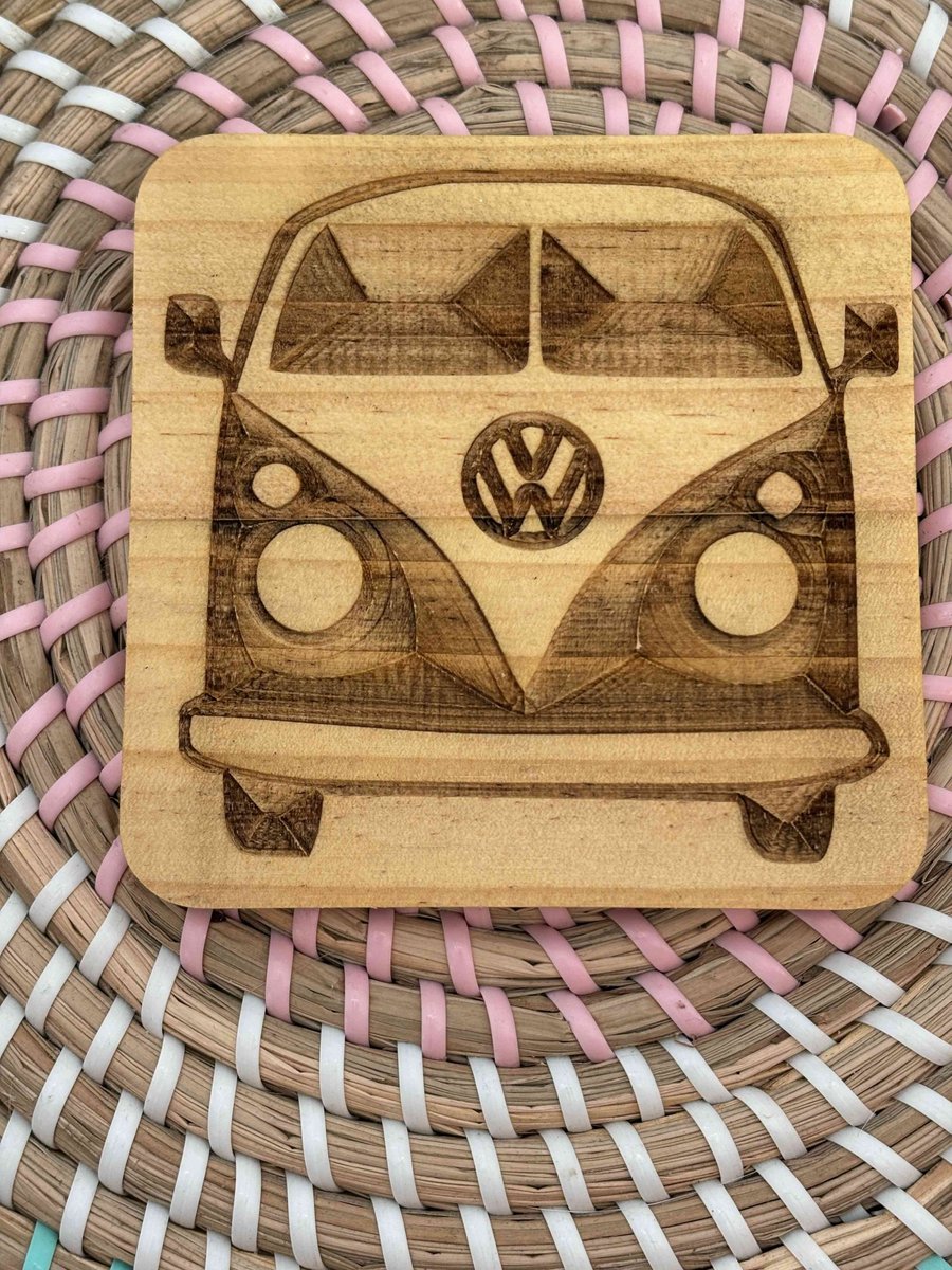 Wooden Coaster - Camper Van - 10cm Square design handmade
