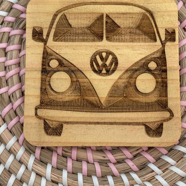 Wooden Coaster - Camper Van - 10cm Square design handmade