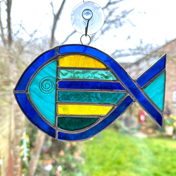 Stained Glass Striped Fish Suncatcher - Window Decoration - Blue, Turq, Yellow