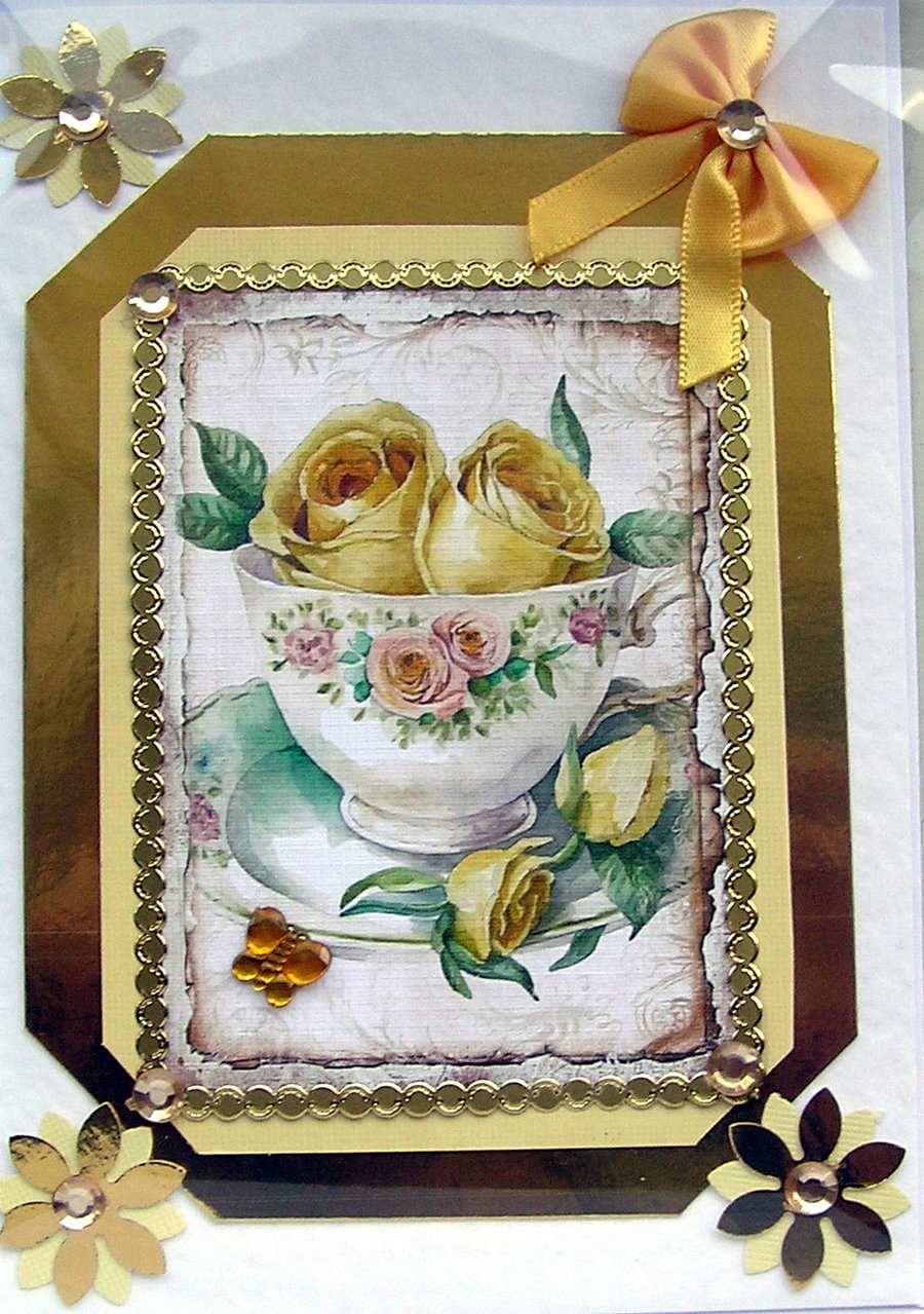 Yellow Rose Flower Hand Crafted Decoupage Greeting Card - Blank (2541)